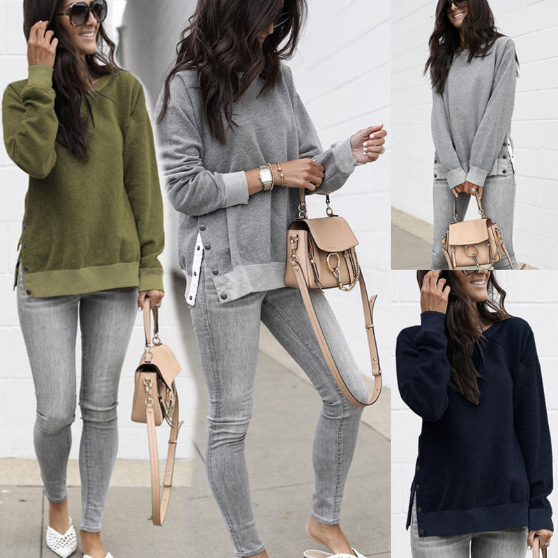 Women's Comfortable Sweatshirt with Button Details and Side Slits NOVAE
