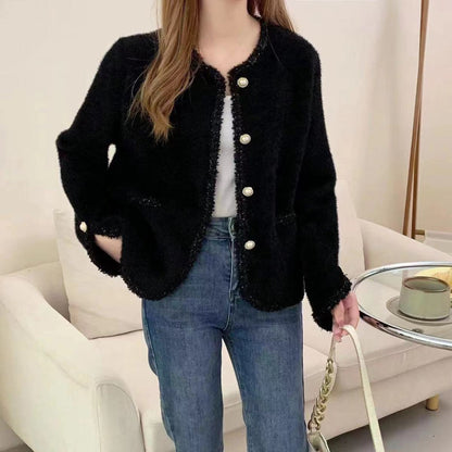 Women's bouclé jacket with elegant pearl buttons NOVAE