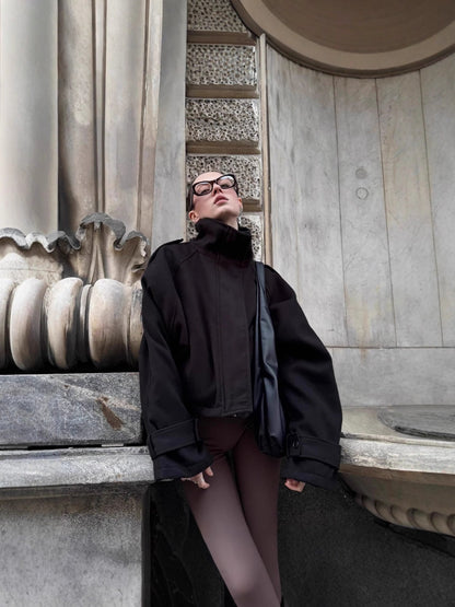 Women's fashionable wool jacket with high collar and button details NOVAE