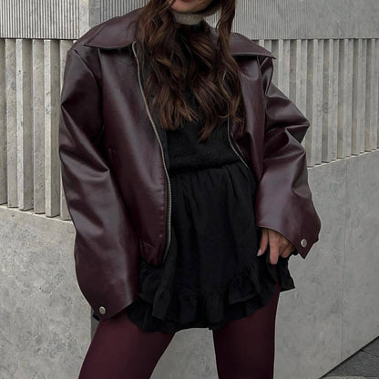 Women's casual leather jacket in a sporty style with elasticated waistband NOVAE