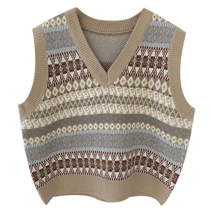 Women's sleeveless knitted vest with V-neck and pattern NOVAE