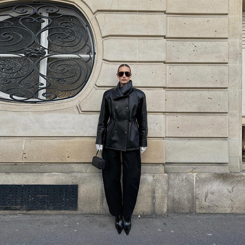 Women's fashionable faux leather jacket with high collar and practical pockets NOVAE