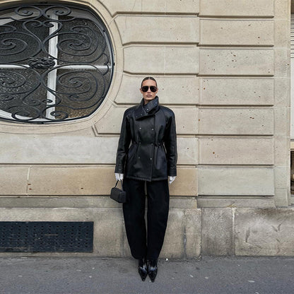 Women's fashionable faux leather jacket with high collar and practical pockets NOVAE