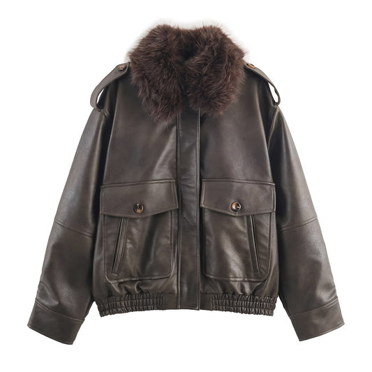 Women's elegant leather jacket with detachable faux fur collar and practical pockets NOVAE