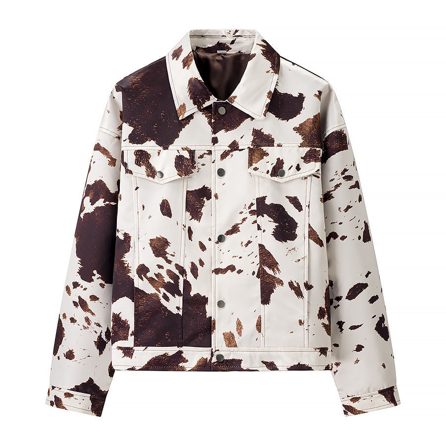 Women's casual denim jacket in a modern cow print design NOVAE