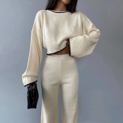 Women's cropped sweater and wide-leg trousers set with modern ribbed texture NOVAE