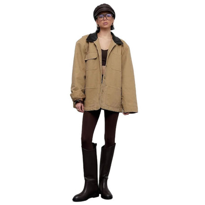 Women's casual oversized jacket with leather collar and practical pockets NOVAE