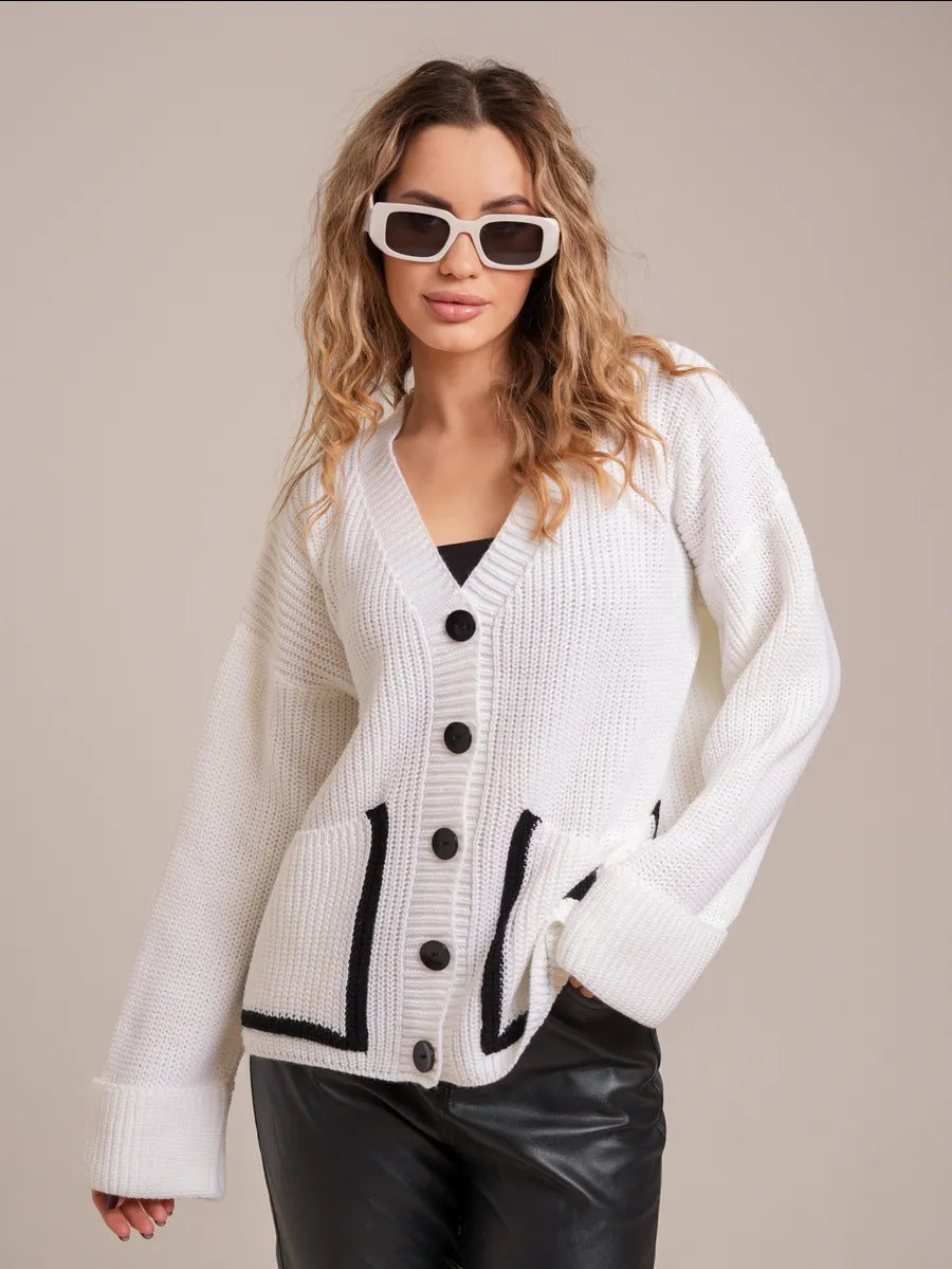 Women's chunky knit cardigan with large pockets and decorative button NOVAE