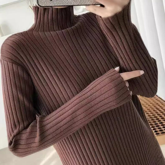 Women's knit dress with fine ribbing and high collar NOVAE