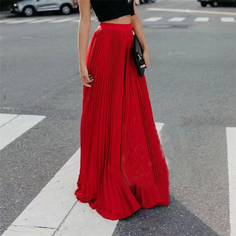 Women's Long Pleated Skirt with Elastic Waistband and Flowing Fabric NOVAE
