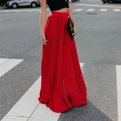 Women's Long Pleated Skirt with Elastic Waistband and Flowing Fabric NOVAE
