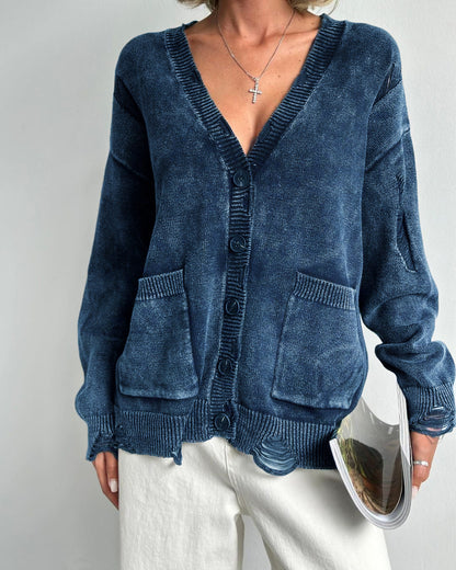 Women's casual oversized sweater with V-neck and pockets NOVAE