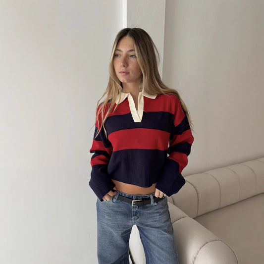 Women's cropped pullover with a modern striped pattern and sporty collar NOVAE