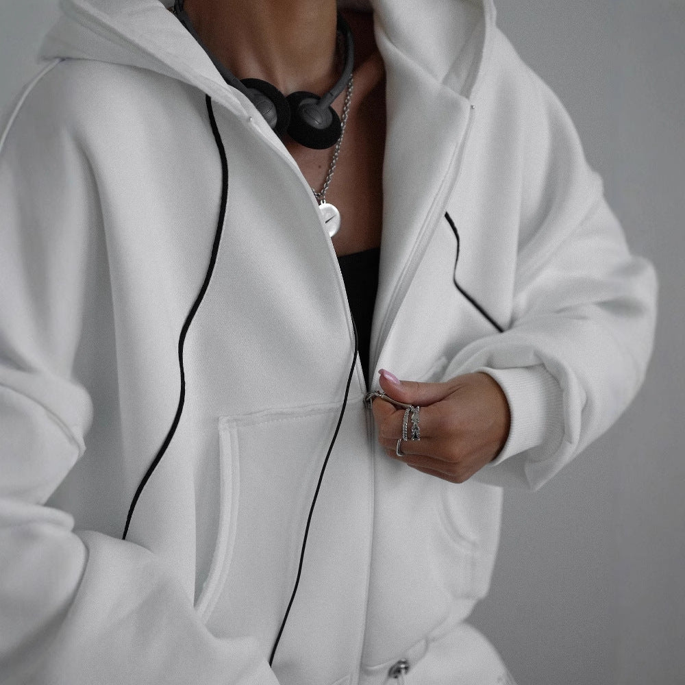 Women's hooded jacket with modern contrast stitching and kangaroo pocket NOVAE