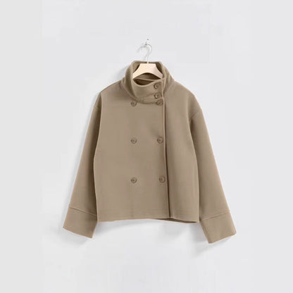 Women's Fashionable Cropped Jacket with High Collar and Double Button Placket NOVAE