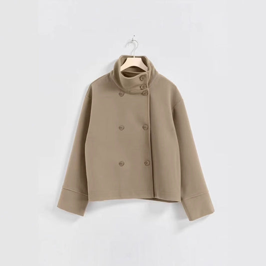 Women's Fashionable Cropped Jacket with High Collar and Double Button Placket NOVAE