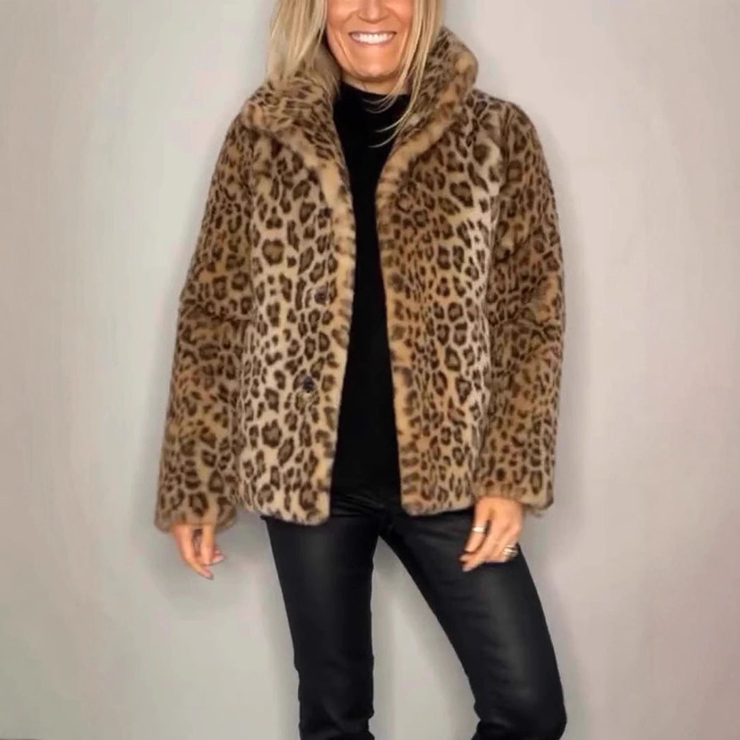 Women's Fluffy Leopard Print Jacket with High Collar NOVAE