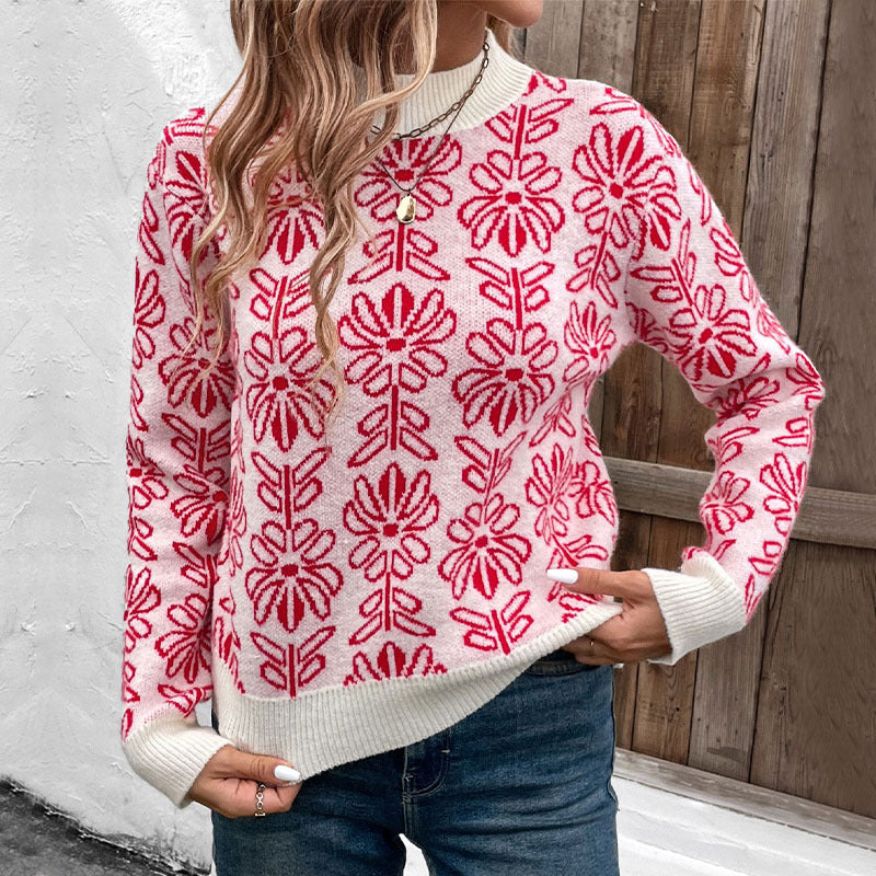 Women's knitted sweater with floral patterns and elegant stand-up collar NOVAE