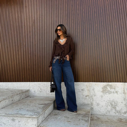 Women's blouse with voluminous ruffles and playful tie belt NOVAE