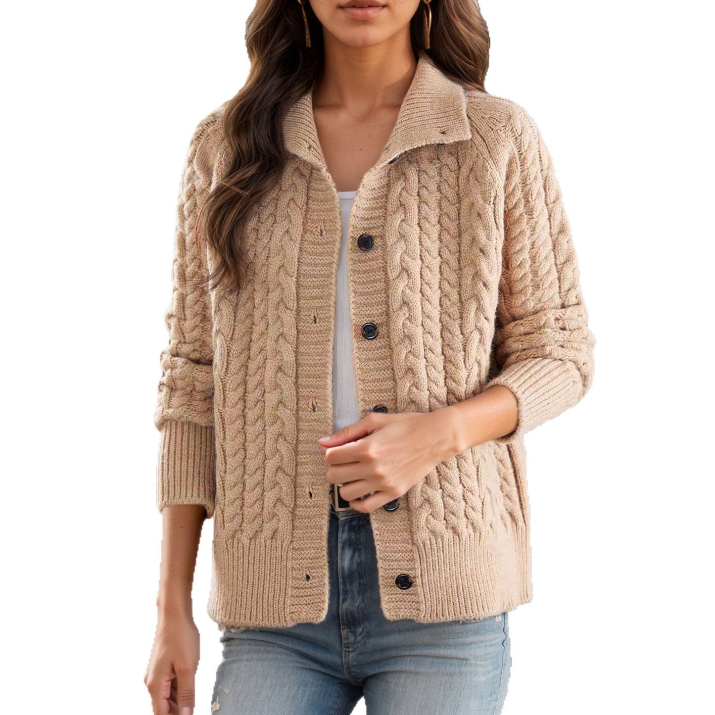 Women's chunky knit cardigan with decorative cable pattern and practical pockets NOVAE