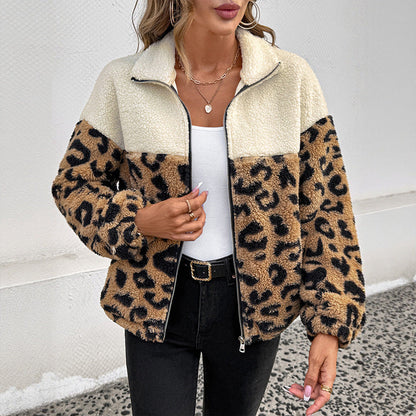 Women's teddy jacket with leopard print NOVAE