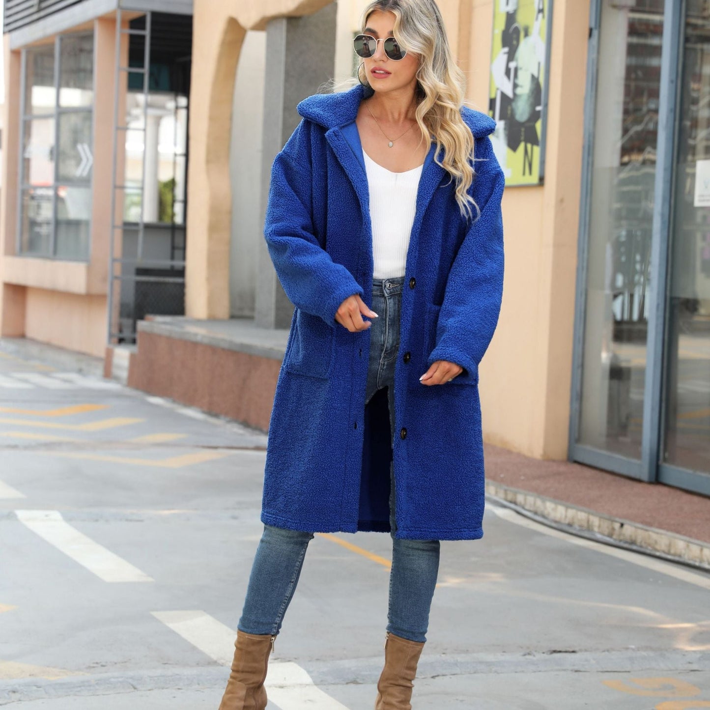 Women's Fluffy Fleece Coat with Large Patch Pockets and Button Details NOVAE