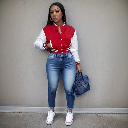 Women's varsity jacket with contrasting sleeves and structured collar NOVAE