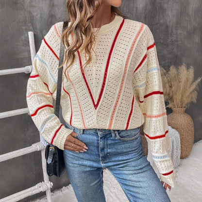 Women's knitted sweater with modern openwork pattern and decorative stripes NOVAE