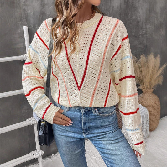 Women's knitted sweater with modern openwork pattern and decorative stripes NOVAE