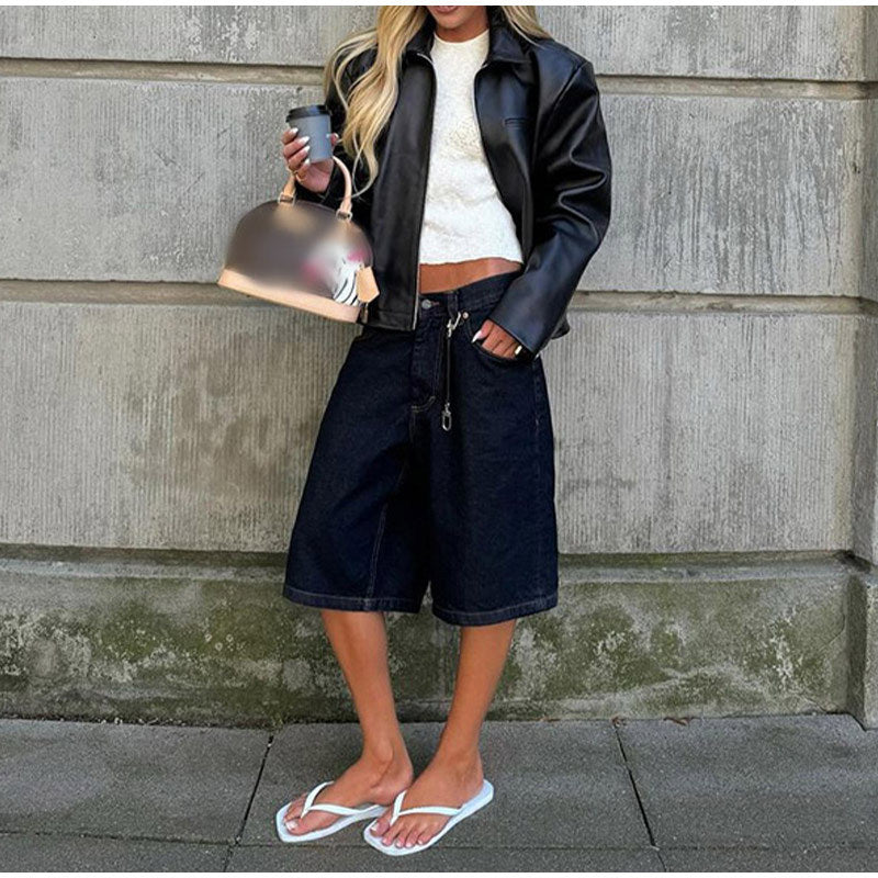 Women's fashionable faux leather jacket with elastic cut and practical pockets NOVAE