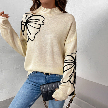 Women's knitted sweater with floral design and high collar NOVAE
