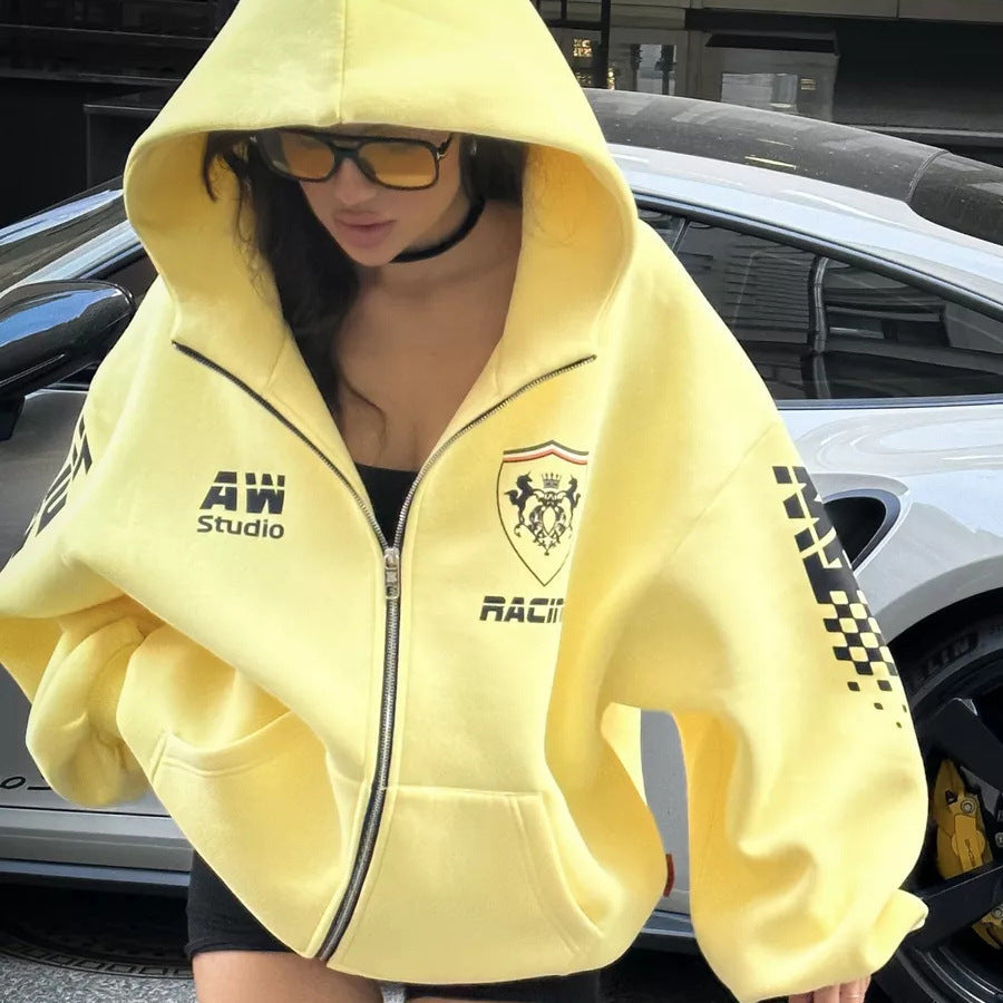 Women's oversized hooded jacket with graphic racing design NOVAE
