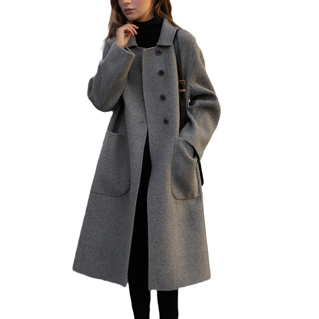 Women's Elegant Wool Coat with High Pockets and Classic Lapels NOVAE