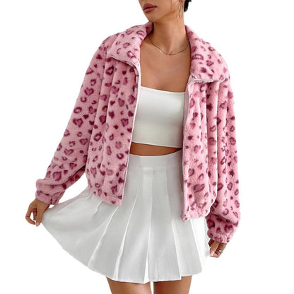 Women's fleece jacket with fashionable leopard print NOVAE