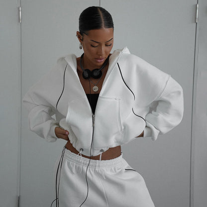 Women's hooded jacket with modern contrast stitching and kangaroo pocket NOVAE