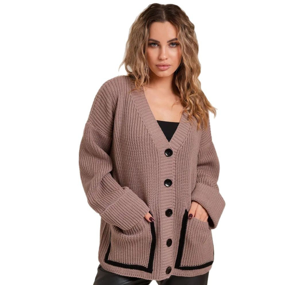 Women's chunky knit cardigan with large pockets and decorative button NOVAE