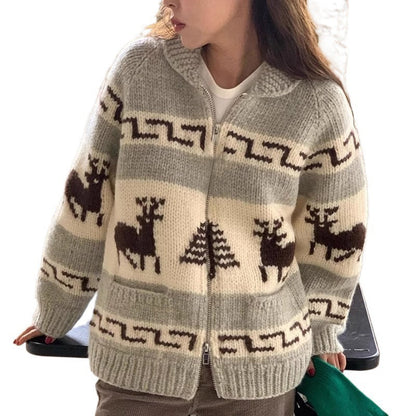 Women's Cozy Zip Cardigan with Festive Motif NOVAE