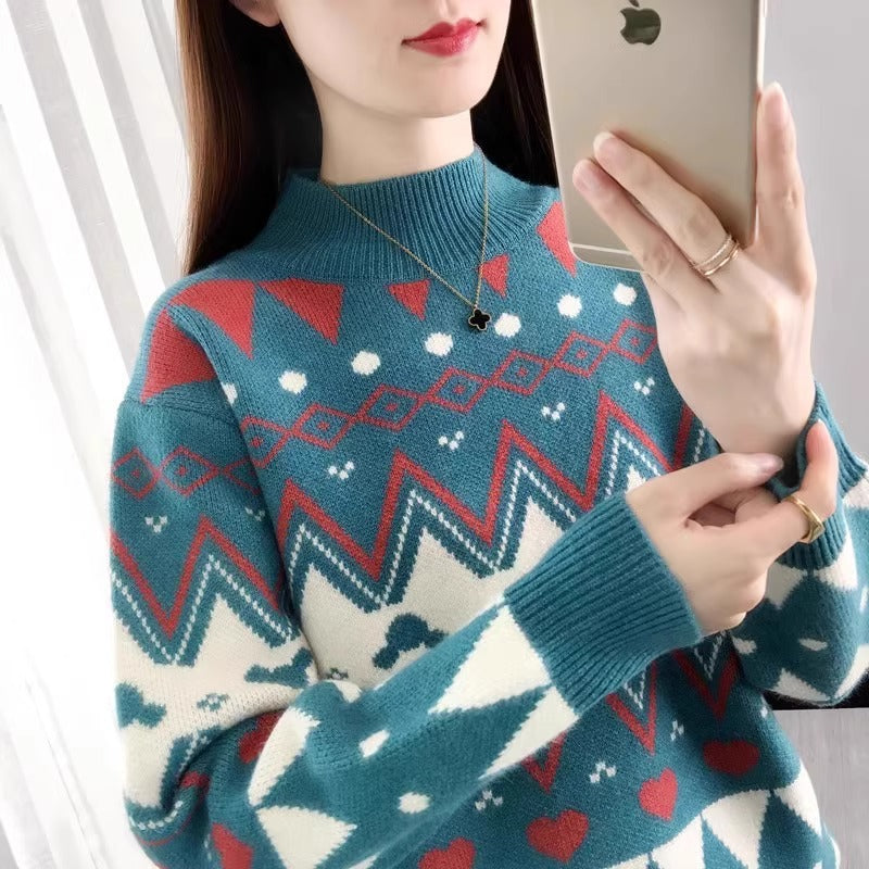Women's festive knit sweater in a modern Christmas design with a geometric pattern and comfortable round neckline NOVAE