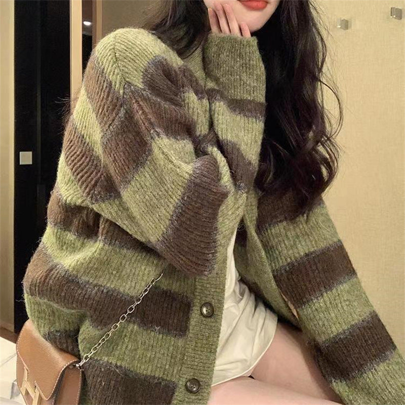 Women's chunky knit cardigan with fashionable striped pattern and casual cut NOVAE