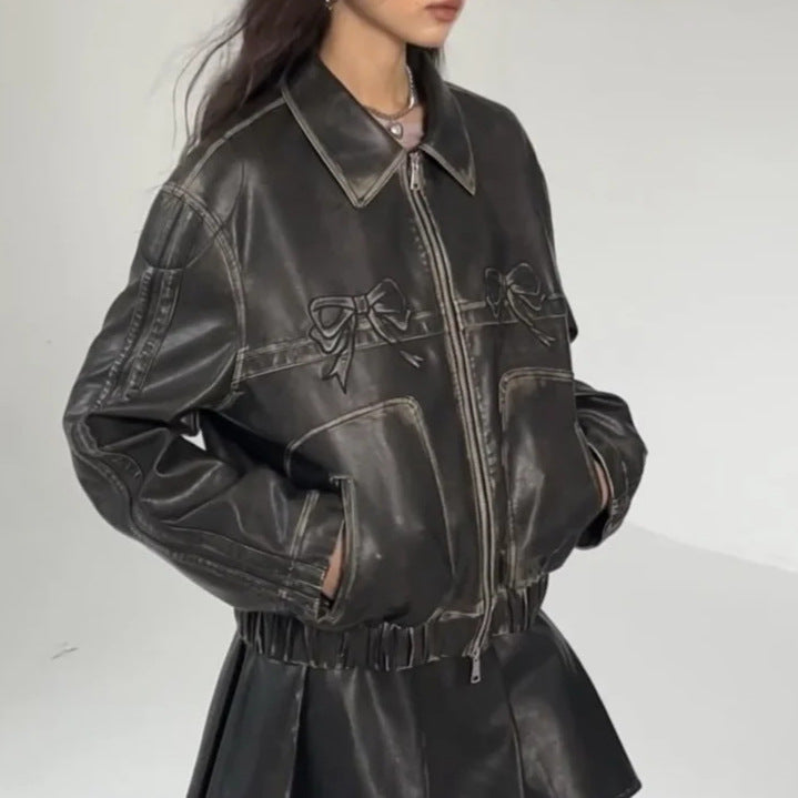 Women's faux leather jacket with ruffles and elastic hem NOVAE