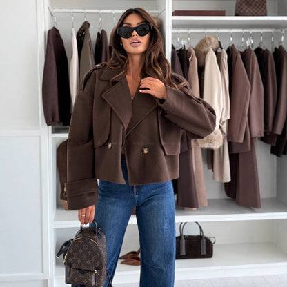 Women's trendy cropped blazer jacket with double button placket and wide lapel NOVAE