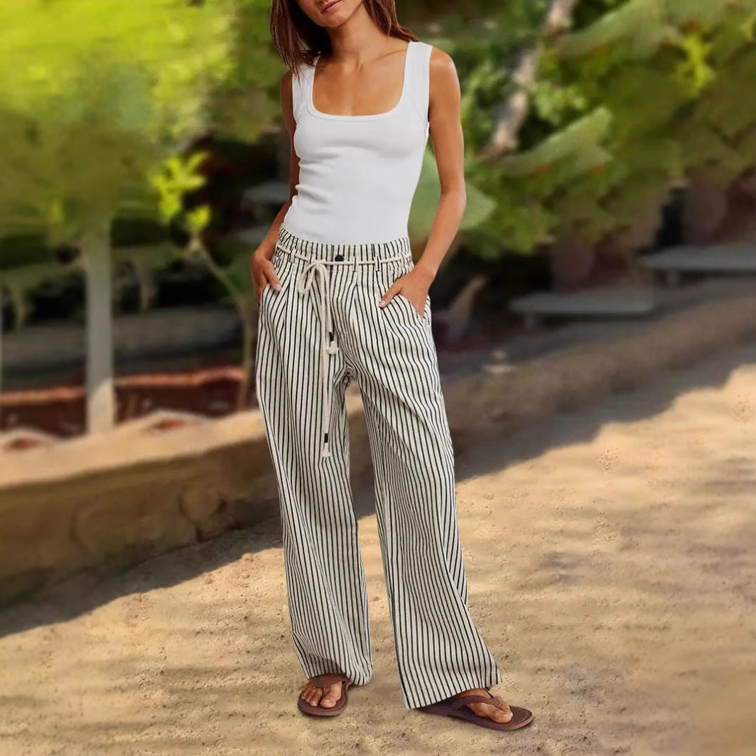 Women's Comfortable Beach Trousers with Casual Striped Pattern and Braided Waistband NOVAE