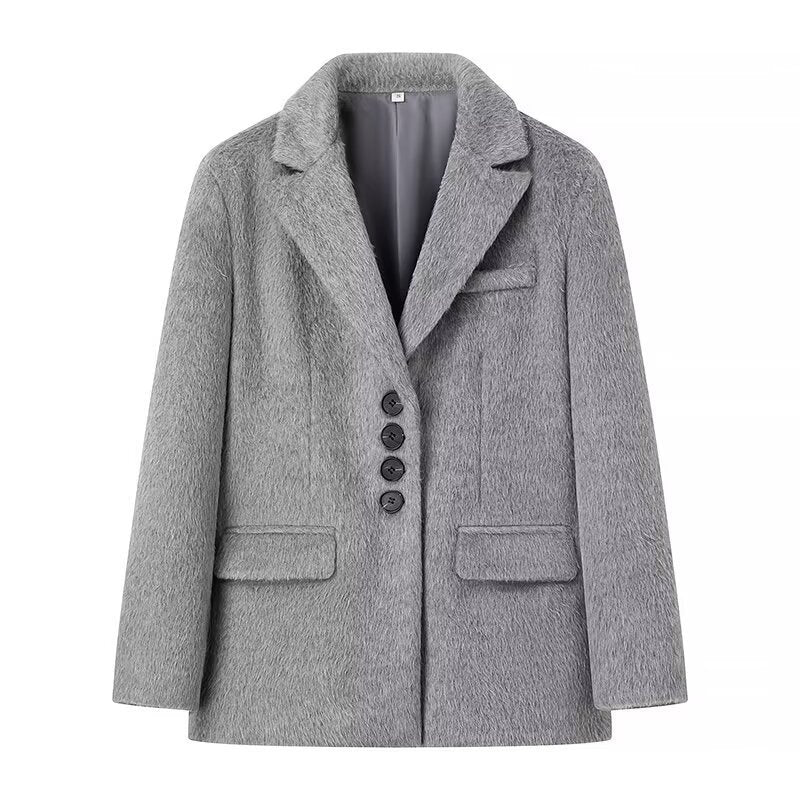Women's elegant blazer jacket with soft fur and decorative button details NOVAE