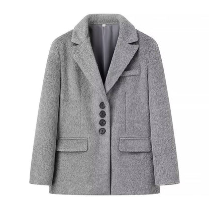 Women's elegant blazer jacket with soft fur and decorative button details NOVAE