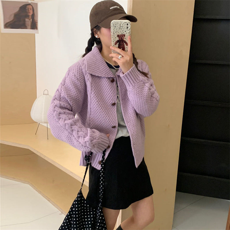 Women's chunky knit cardigan with contrasting buttons and textured design NOVAE