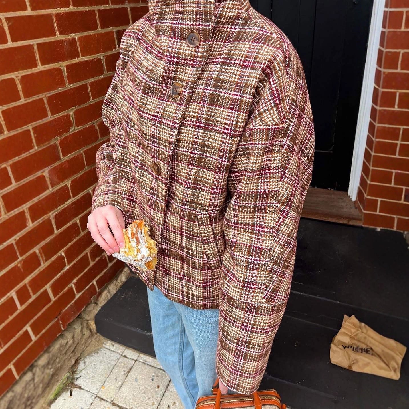 Women's Checkered Oversized Jacket with High Collar and Unique Button Placket NOVAE