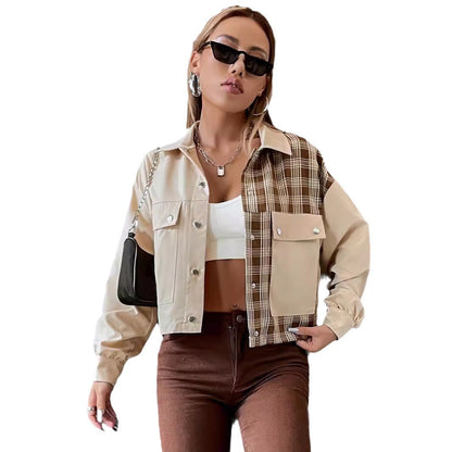 Women's crop utility jacket with checked sleeves and classic snap buttons NOVAE