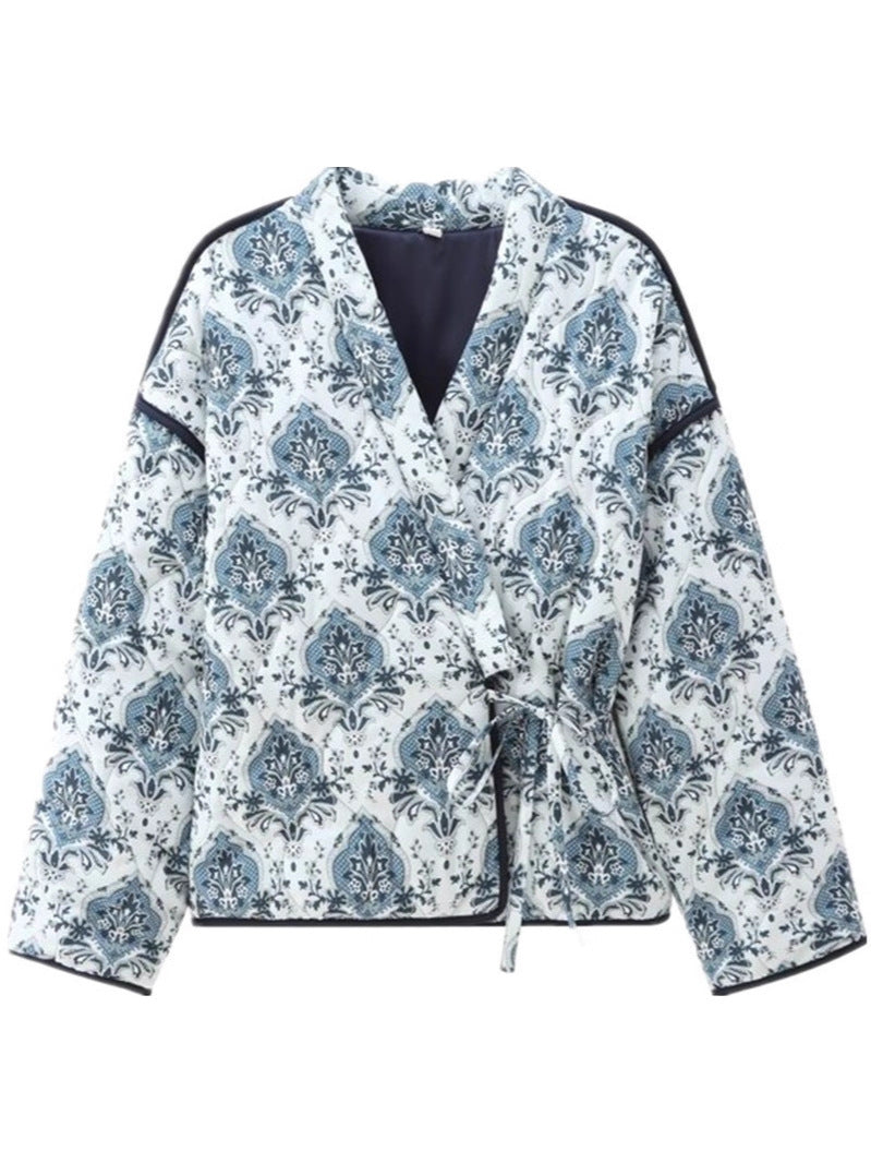 Women's elegant jacquard jacket with tie belt and luxurious pattern NOVAE