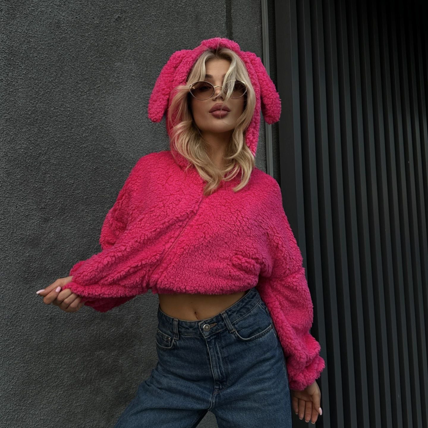 Women's cozy fleece jacket with animal hood design NOVAE