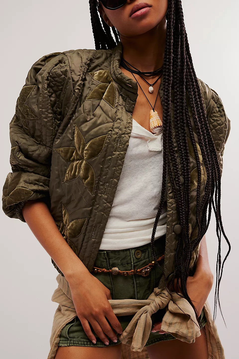 Women's quilted bomber jacket with floral design and elasticated cuffs NOVAE